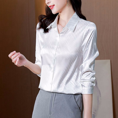 Cămăși din satin de mătase pentru femei, cu mâneci lungi, imprimate șic, la modă, bluze pentru femei, 2024, elegante, pentru birou, damă, OL, topuri de bază, îmbrăcăminte ocazională