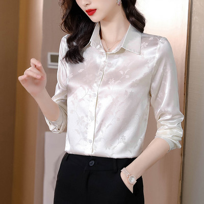 Cămăși din satin de mătase pentru femei, cu mâneci lungi, imprimate șic, la modă, bluze pentru femei, 2024, elegante, pentru birou, damă, OL, topuri de bază, îmbrăcăminte ocazională