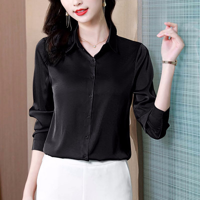 Cămăși din satin de mătase pentru femei, cu mâneci lungi, imprimate șic, la modă, bluze pentru femei, 2024, elegante, pentru birou, damă, OL, topuri de bază, îmbrăcăminte ocazională