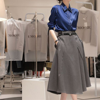 Модна дамска едноцветна риза с отложна яка, пролет, есен, темперамент, блуза с копчета с дълъг ръкав, дамско облекло