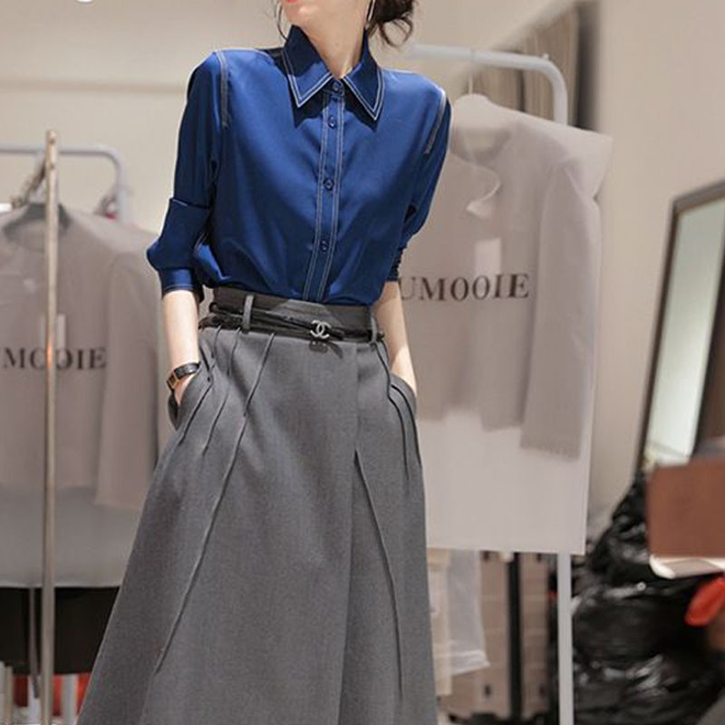 Pendel-mood Naiste ühevärviline lahtikäiva kraega särk Kevad-sügis temperament pikkade varrukatega nööppluus Naiste riided