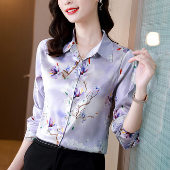 3XL Елегантна риза от копринен шифон, едноредна OL Top Fashion, отметната яка, дамска блуза с дълъг ръкав с флорални щампи, гореща разпродажба