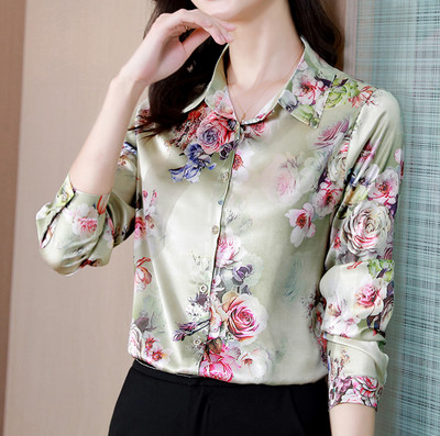 3XL Elegantne siidist šifoonist särk Üherealine OL Top Fashion Allaneelatud krae Pikad varrukad Lilletrükiga naiste pluus kuum soodusmüük