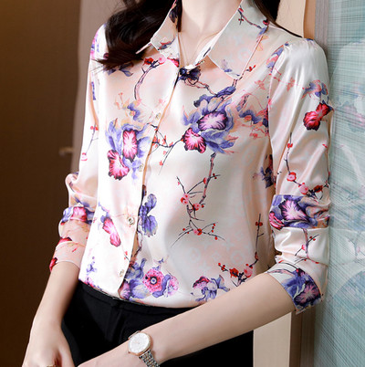 3XL Elegantne siidist šifoonist särk Üherealine OL Top Fashion Allaneelatud krae Pikad varrukad Lilletrükiga naiste pluus kuum soodusmüük