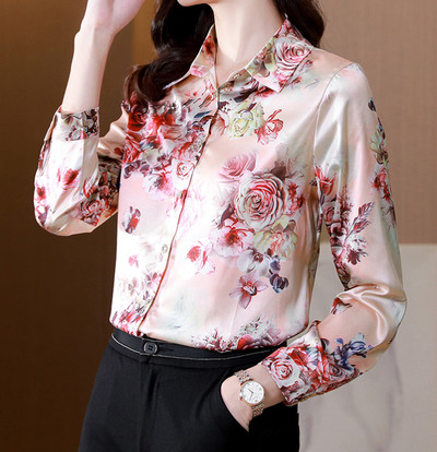 3XL Elegantne siidist šifoonist särk Üherealine OL Top Fashion Allaneelatud krae Pikad varrukad Lilletrükiga naiste pluus kuum soodusmüük