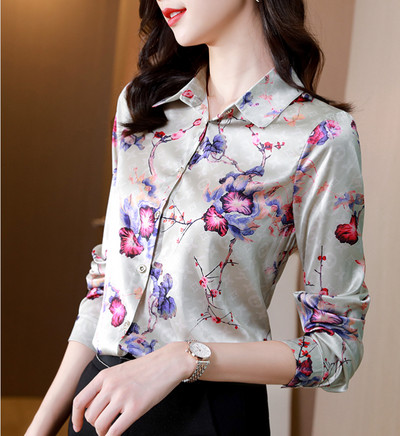 3XL Elegantne siidist šifoonist särk Üherealine OL Top Fashion Allaneelatud krae Pikad varrukad Lilletrükiga naiste pluus kuum soodusmüük