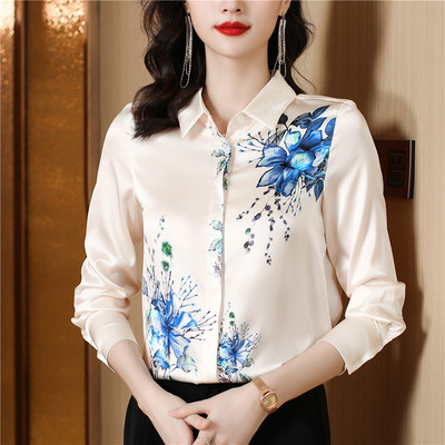 Uued vintage pikkade varrukatega satiinist siidist särgid naiste mood Lilleprintidega pluus Naiste 2024 Elegantsed naiste topid Riided Blusa Mujer