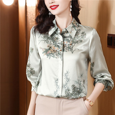 Uued vintage pikkade varrukatega satiinist siidist särgid naiste mood Lilleprintidega pluus Naiste 2024 Elegantsed naiste topid Riided Blusa Mujer