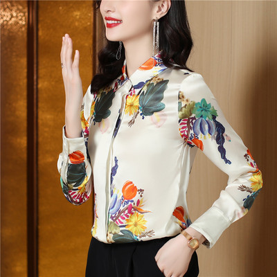 Uued vintage pikkade varrukatega satiinist siidist särgid naiste mood Lilleprintidega pluus Naiste 2024 Elegantsed naiste topid Riided Blusa Mujer