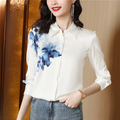 Uued vintage pikkade varrukatega satiinist siidist särgid naiste mood Lilleprintidega pluus Naiste 2024 Elegantsed naiste topid Riided Blusa Mujer