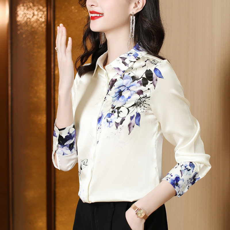 Uued vintage pikkade varrukatega satiinist siidist särgid naiste mood Lilleprintidega pluus Naiste 2024 Elegantsed naiste topid Riided Blusa Mujer
