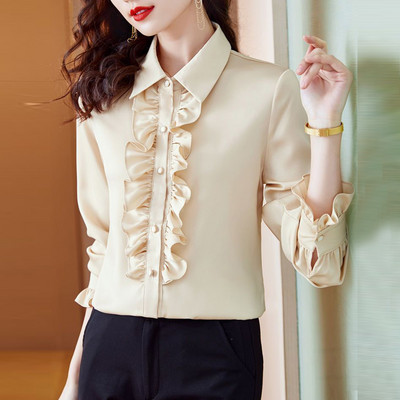 Naiste Korea moe volangidega Elegantne nööbiga särk Kevad-sügis kontori naiste vabaaja pluus pikkade varrukatega soliidsed õhukesed pluusid