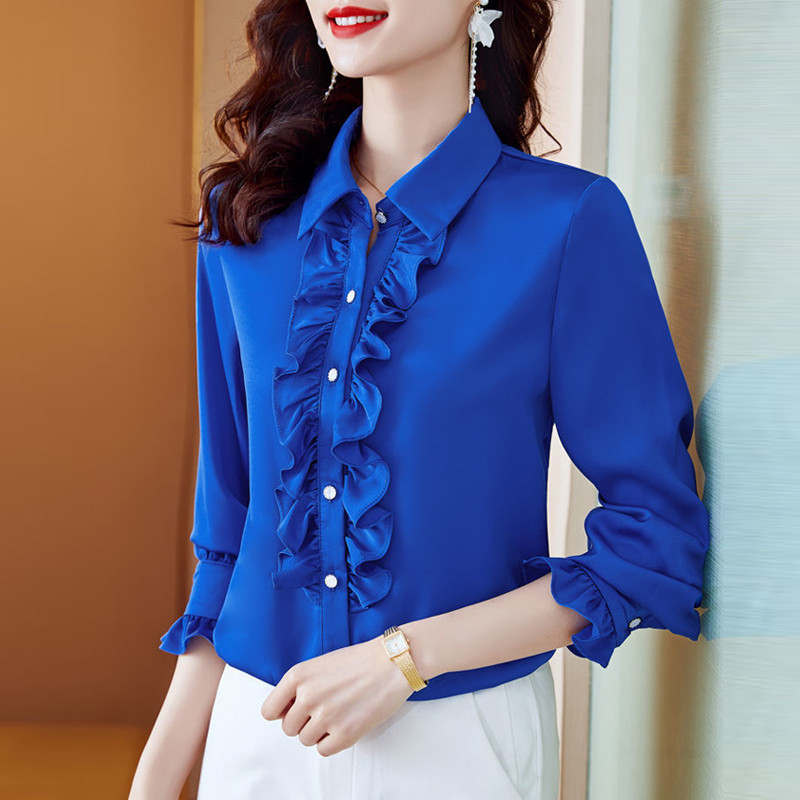 Naiste Korea moe volangidega Elegantne nööbiga särk Kevad-sügis kontori naiste vabaaja pluus pikkade varrukatega soliidsed õhukesed pluusid