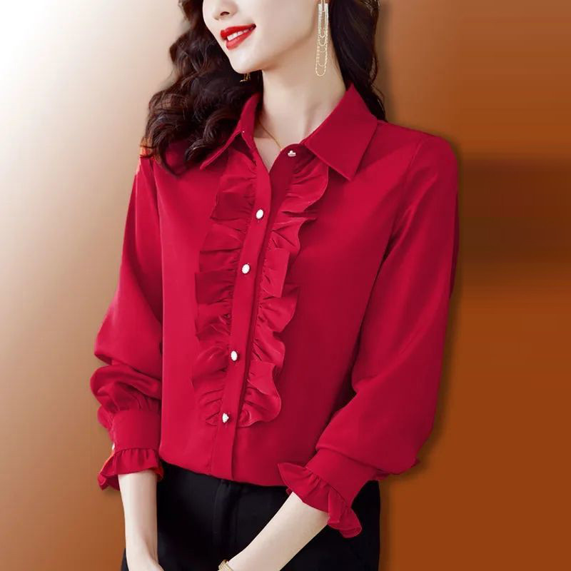 Naiste Korea moe volangidega Elegantne nööbiga särk Kevad-sügis kontori naiste vabaaja pluus pikkade varrukatega soliidsed õhukesed pluusid