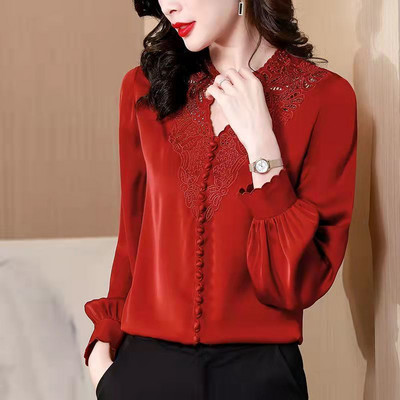 V-kaelusega imitatsioon siidist õhuke temperament töökoht pits avara laternaga varrukatega pullover pluus kolmemõõtmeline kaunistus naistele