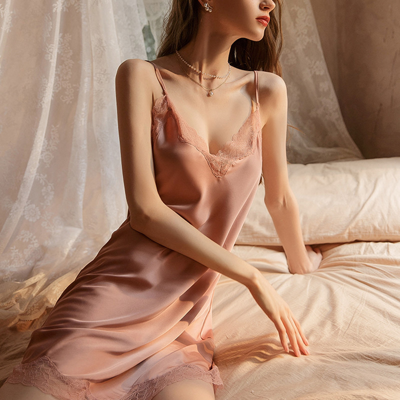 Éjszakai alvás ruha Női fehérnemű Sling csipke, hát nélküli V-nyakú szexi hálóing szatén hálóing Női hálóruha Alkalmi otthoni ruha