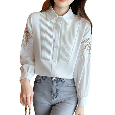 QOERLIN 2022. gada rudens jauni sieviešu krekli ar iegremdētām piedurknēm balti krekli ar pogām ar vienu rindu uz augšu blūzes sieviešu kroku topi