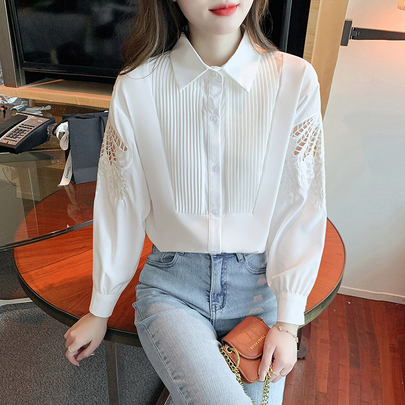 QOERLIN 2022. gada rudens jauni sieviešu krekli ar iegremdētām piedurknēm balti krekli ar pogām ar vienu rindu uz augšu blūzes sieviešu kroku topi