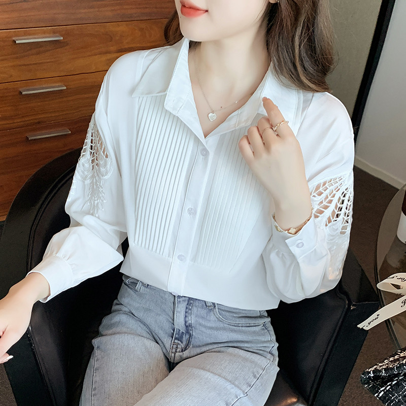 QOERLIN 2022. gada rudens jauni sieviešu krekli ar iegremdētām piedurknēm balti krekli ar pogām ar vienu rindu uz augšu blūzes sieviešu kroku topi