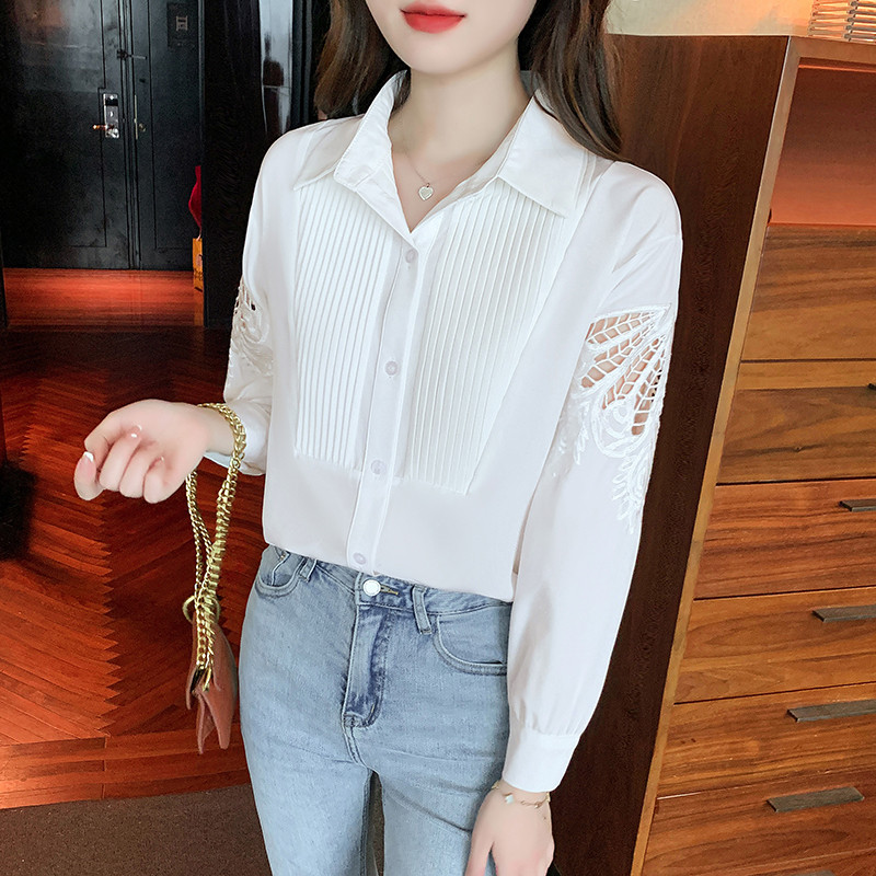 QOERLIN 2022. gada rudens jauni sieviešu krekli ar iegremdētām piedurknēm balti krekli ar pogām ar vienu rindu uz augšu blūzes sieviešu kroku topi