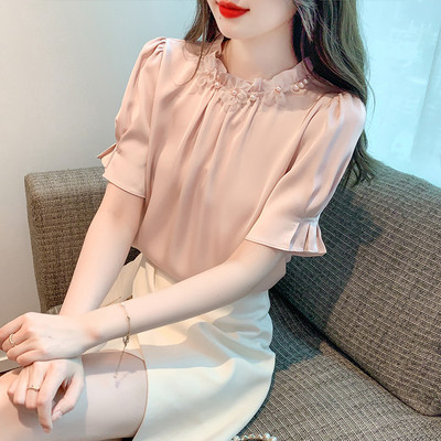 Modes Jauns Vasaras Pērļošanas Šifona Blūzes Krekls Sieviešu Topi Blusas Mujer De Moda 2024 Verano Blūze ar īsām piedurknēm Sieviešu Blusa G698