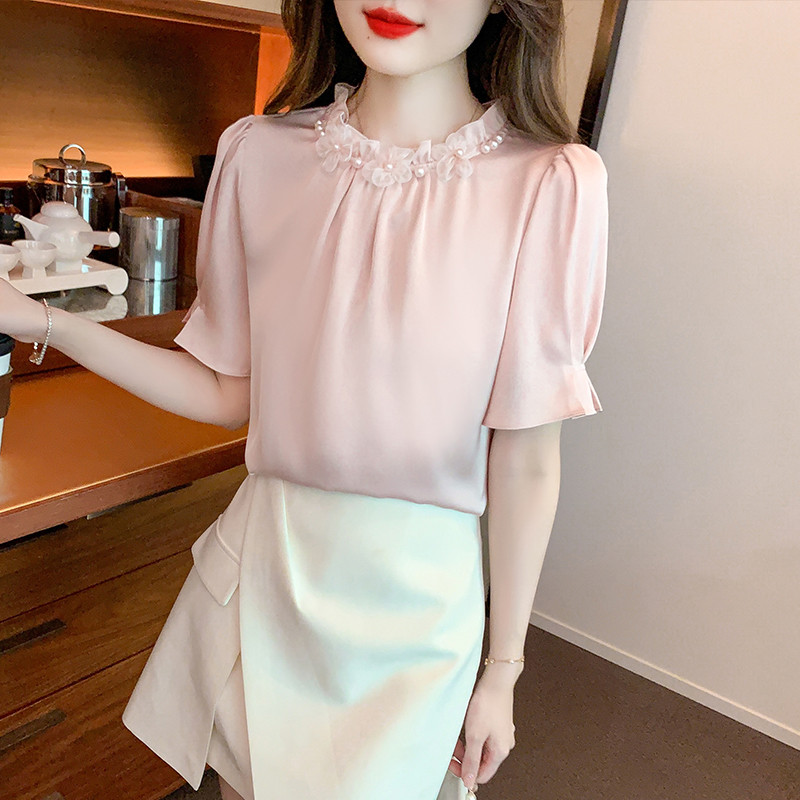 Modes Jauns Vasaras Pērļošanas Šifona Blūzes Krekls Sieviešu Topi Blusas Mujer De Moda 2024 Verano Blūze ar īsām piedurknēm Sieviešu Blusa G698