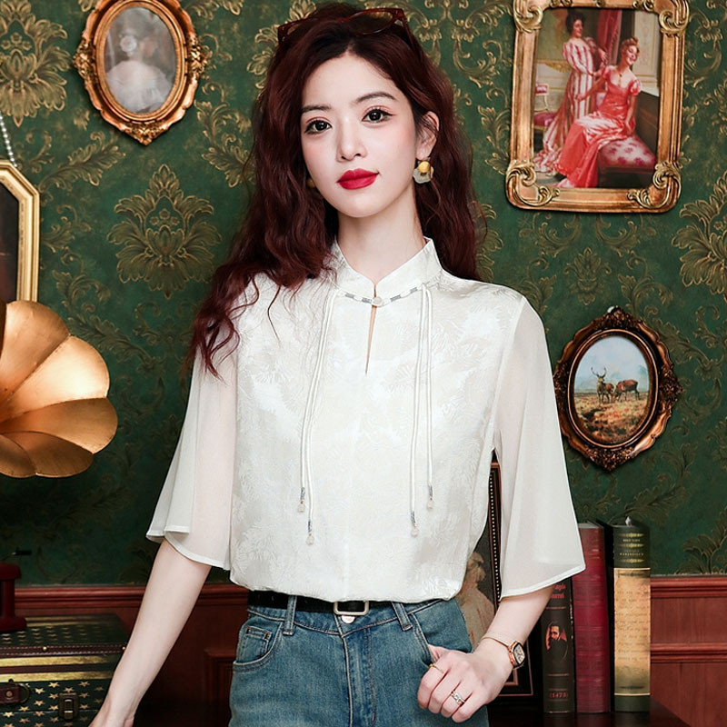 Uus mood Hiina stiilis valge šifoonist pluusisärk Naiste topid Blusas Mujer De Moda 2024 Verano lühikeste varrukatega pluus, naiste H570