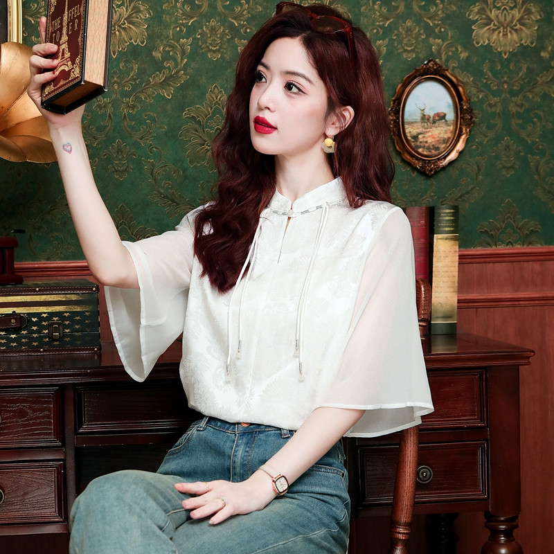 Uus mood Hiina stiilis valge šifoonist pluusisärk Naiste topid Blusas Mujer De Moda 2024 Verano lühikeste varrukatega pluus, naiste H570