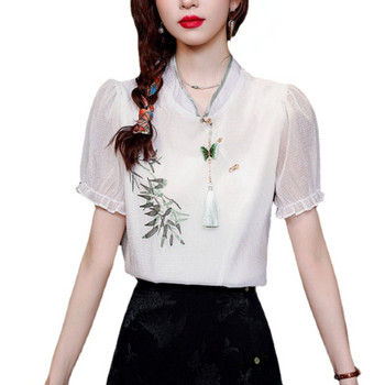 Нова дамска шифонена риза с щампа с пискюл и жаба в китайски стил за 2024 г., ново лятно горнище