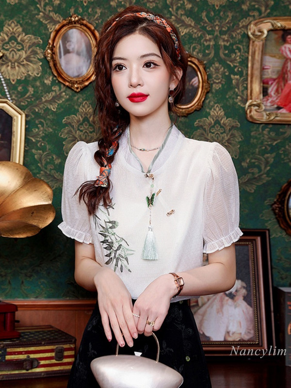 Uus Hiina stiilis tutiga konnanööbiga lühikeste varrukatega mustriga šifoonsärk naiste 2024 uus suvetop