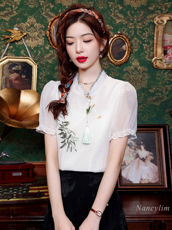 Uus Hiina stiilis tutiga konnanööbiga lühikeste varrukatega mustriga šifoonsärk naiste 2024 uus suvetop