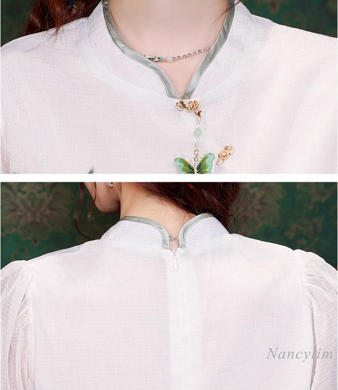 Uus Hiina stiilis tutiga konnanööbiga lühikeste varrukatega mustriga šifoonsärk naiste 2024 uus suvetop