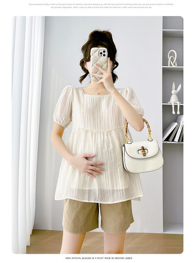 2024. gada vasaras Grūtnieču krekli ar oderi, uzpūstām piedurknēm, kvadrātveida apkakli ar augstu vidukli, grūtniecēm, kroku blūzes grūtniecības laikā