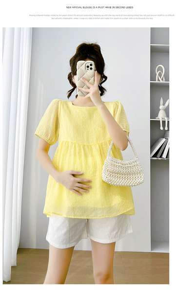 2024. gada vasaras Grūtnieču krekli ar oderi, uzpūstām piedurknēm, kvadrātveida apkakli ar augstu vidukli, grūtniecēm, kroku blūzes grūtniecības laikā