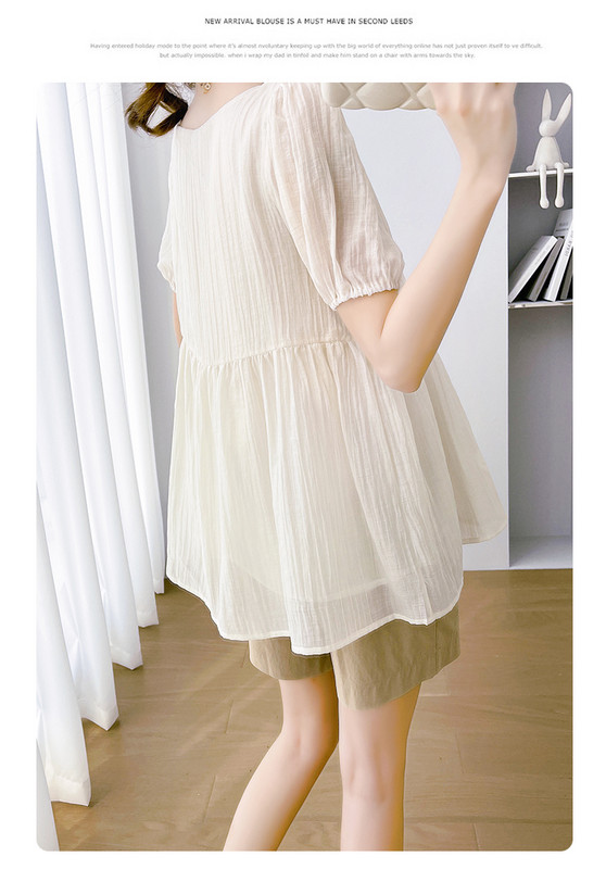 2024. gada vasaras Grūtnieču krekli ar oderi, uzpūstām piedurknēm, kvadrātveida apkakli ar augstu vidukli, grūtniecēm, kroku blūzes grūtniecības laikā