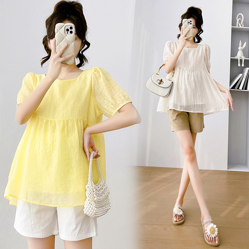 2024. gada vasaras Grūtnieču krekli ar oderi, uzpūstām piedurknēm, kvadrātveida apkakli ar augstu vidukli, grūtniecēm, kroku blūzes grūtniecības laikā