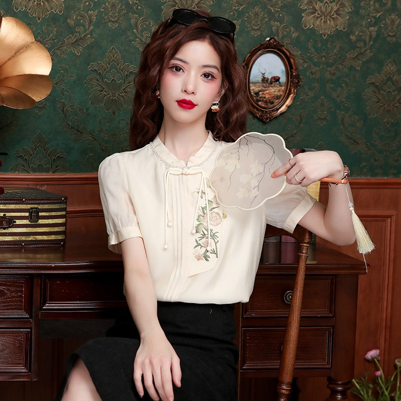 Satenske ženske košulje, ljetne vezove, bluze u kineskom stilu, široke ženske majice kratkih rukava, vintage odjeća YCMYUNYAN