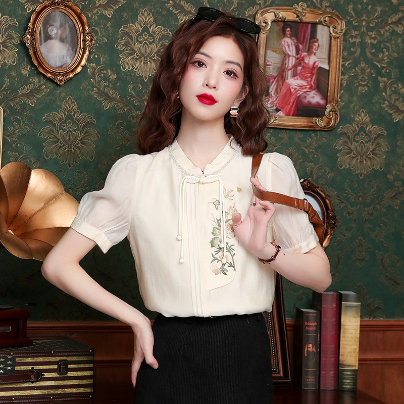 Satenske ženske košulje, ljetne vezove, bluze u kineskom stilu, široke ženske majice kratkih rukava, vintage odjeća YCMYUNYAN