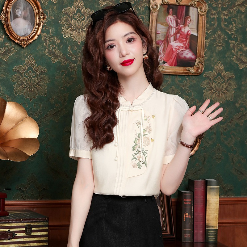 Satenske ženske košulje, ljetne vezove, bluze u kineskom stilu, široke ženske majice kratkih rukava, vintage odjeća YCMYUNYAN