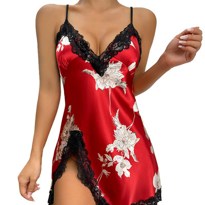 Sieviešu pidžamas, mežģīņu satīna apakšveļa, bez piedurknēm, bikšturi pidžamas Babydoll pidžamas apakšsvārki Sexy Print