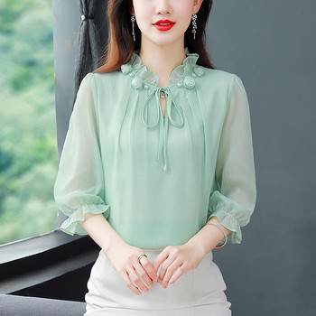 M-4XL Пролет Лято Дамски топове 2024 Нова модна шифонена блуза с яка с венчелистчета с половин ръкав Папийонка Свободна ежедневна риза