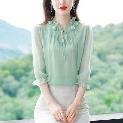 M-4XL tavaszi nyár női felsők 2024 új divat sifon blúz szirom gallér fél ujjú csokornyakkendő laza alkalmi ing