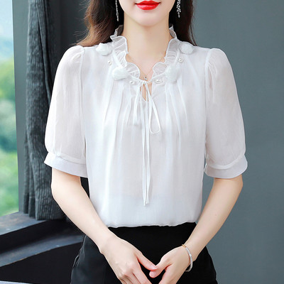 M-4XL tavaszi nyár női felsők 2024 új divat sifon blúz szirom gallér fél ujjú csokornyakkendő laza alkalmi ing