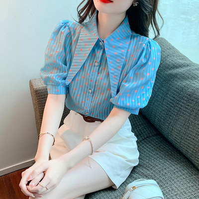 Koreai divat, pöttyös csíkos nyomott blúz nyári női ruházat, alkalmi női póló nyakú, egysoros ing