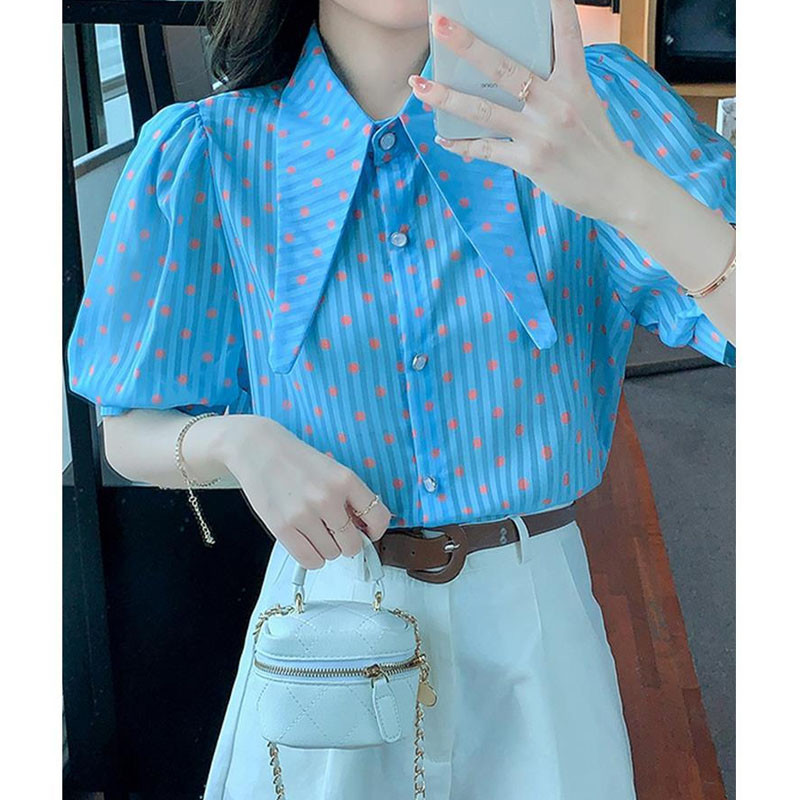 Koreai divat, pöttyös csíkos nyomott blúz nyári női ruházat, alkalmi női póló nyakú, egysoros ing