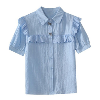 Модни ревери Едноцветни дантелени ризи с волани с лък Дамско облекло 2024 Лято Нови свободни ежедневни топове Сладки блузи