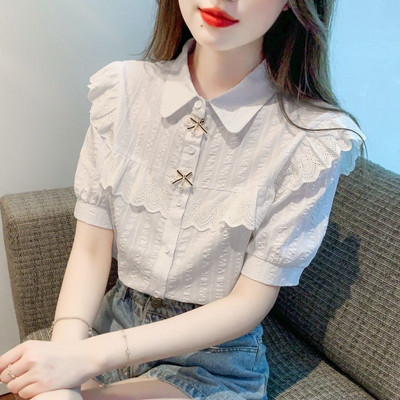 La modă rever de culoare solidă cu îmbinat fund din dantelă cu volane cămăși Îmbrăcăminte pentru femei 2024 vara noi bluze casual largi Bluze dulci