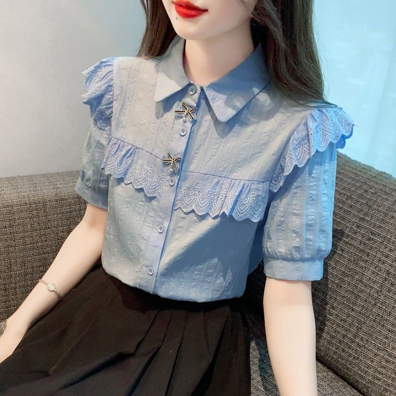 La modă rever de culoare solidă cu îmbinat fund din dantelă cu volane cămăși Îmbrăcăminte pentru femei 2024 vara noi bluze casual largi Bluze dulci
