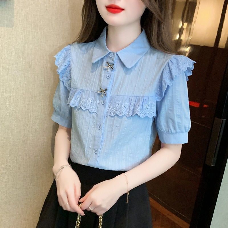 La modă rever de culoare solidă cu îmbinat fund din dantelă cu volane cămăși Îmbrăcăminte pentru femei 2024 vara noi bluze casual largi Bluze dulci