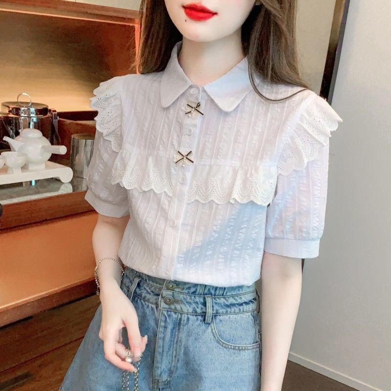 La modă rever de culoare solidă cu îmbinat fund din dantelă cu volane cămăși Îmbrăcăminte pentru femei 2024 vara noi bluze casual largi Bluze dulci